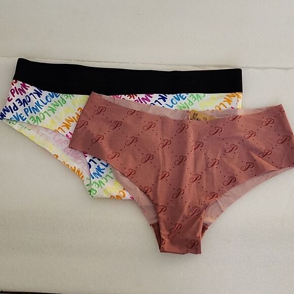 VICTORIA'S SECRET PINK Panty Bundle Rainbow Logo Hipster + Salmon Cheeky Large - Picture 1 of 7